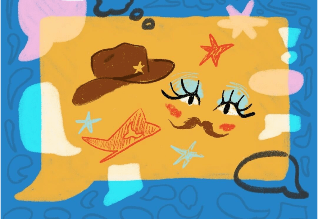 An illustration of a cowboy hat, cowboy boots, and drag makeup over top of an abstract speech bubble backgrounds. 